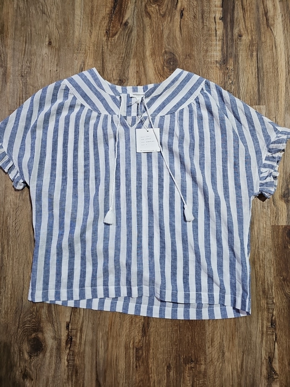 BeachLunchLounge Leia Blue White Stripe Linen Cotton Top Ruffle Sleeve M New